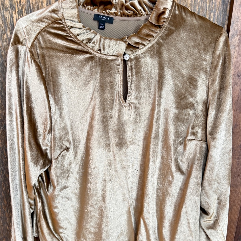 Talbots XLP gold blouse with ruffle collar